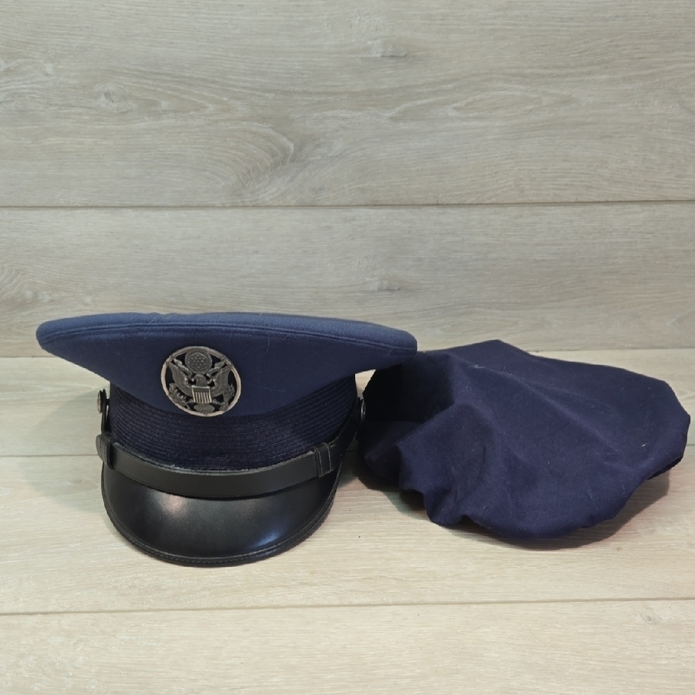 Vintage Air Force Navy Blue Military Cap with Emblem Wool Blend Sz 7